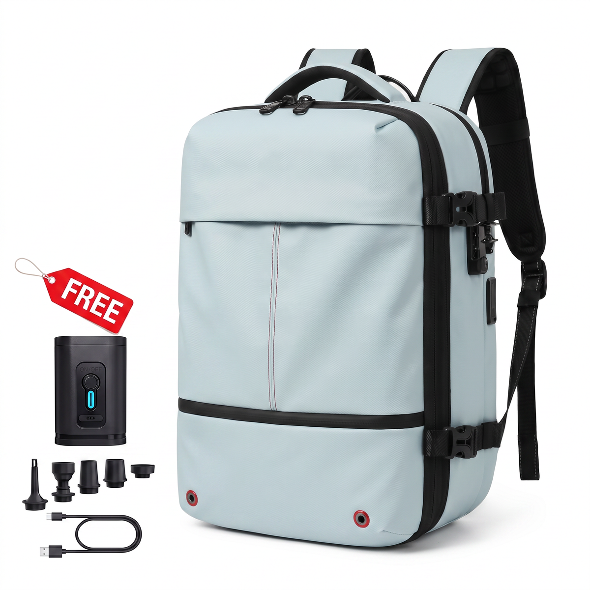 KABINBAG Original Underseat 30L in Light Blue with the free travel pump, nozzles and USB-C cable