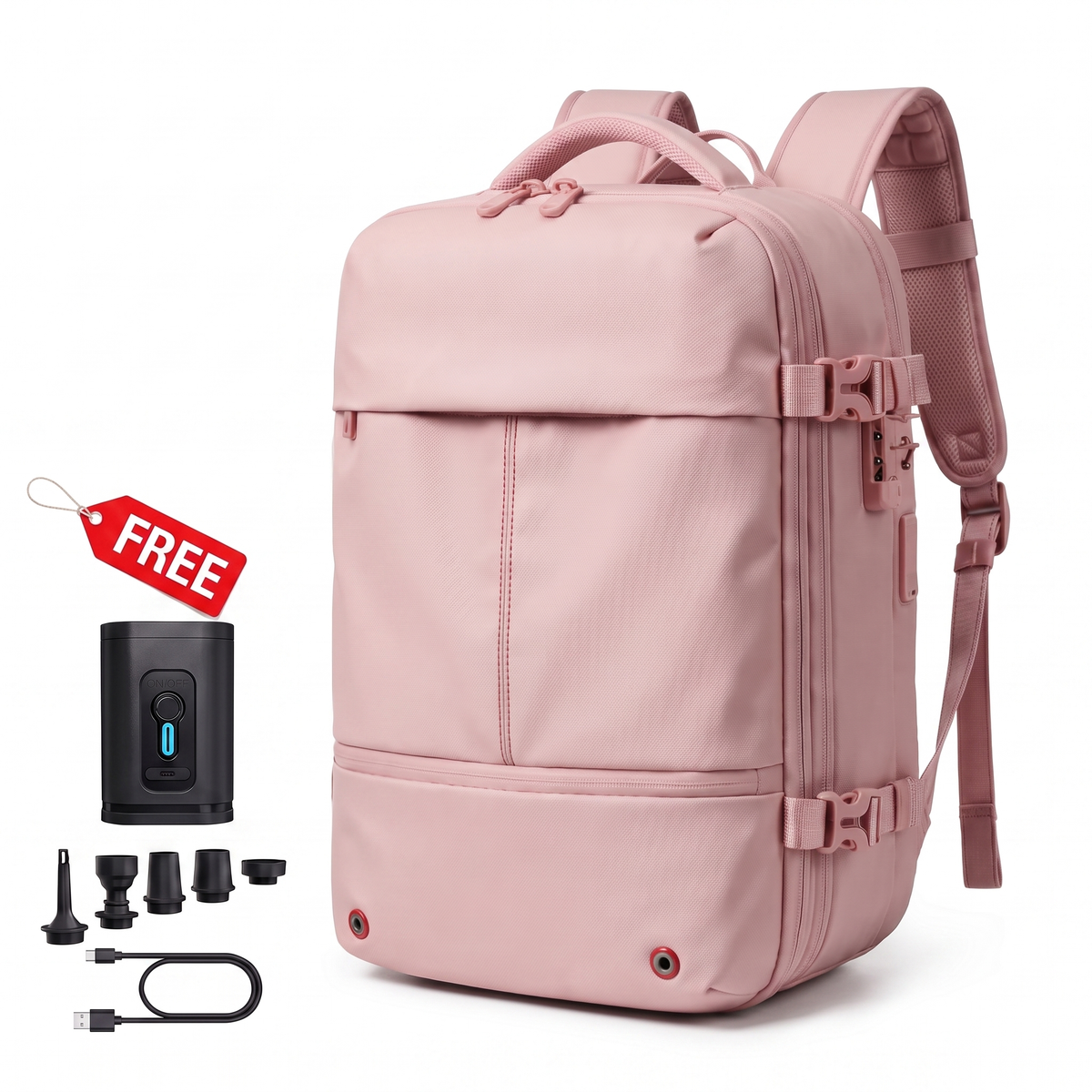 KABINBAG Original Underseat 30L in Pink with the free travel pump, nozzles and USB-C cable