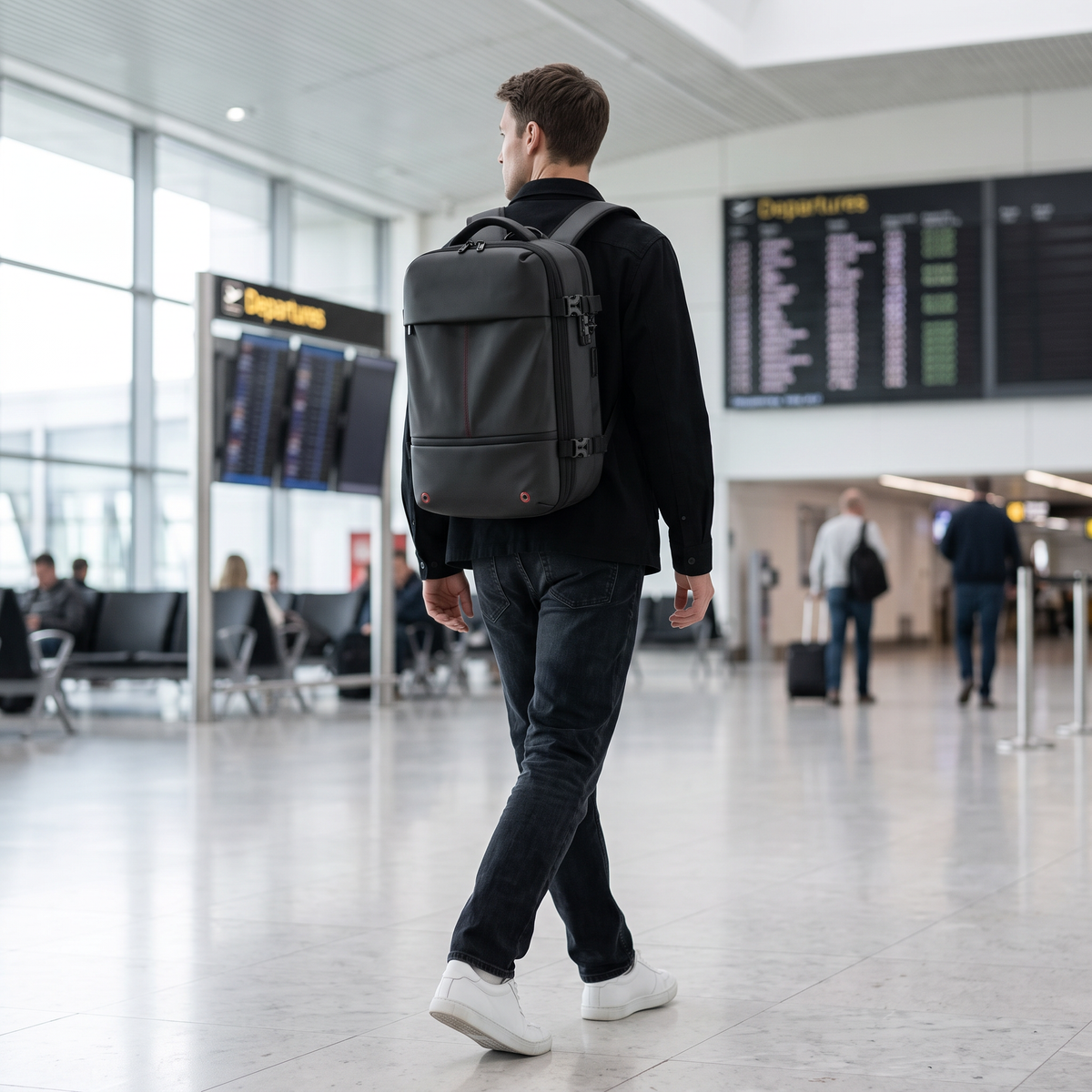 KABINBAG Original Underseat 30L in Black worn through an airport departure hall, compressed flat