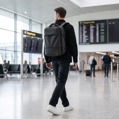 KABINBAG Original Underseat 30L in Black worn through an airport departure hall, compressed flat