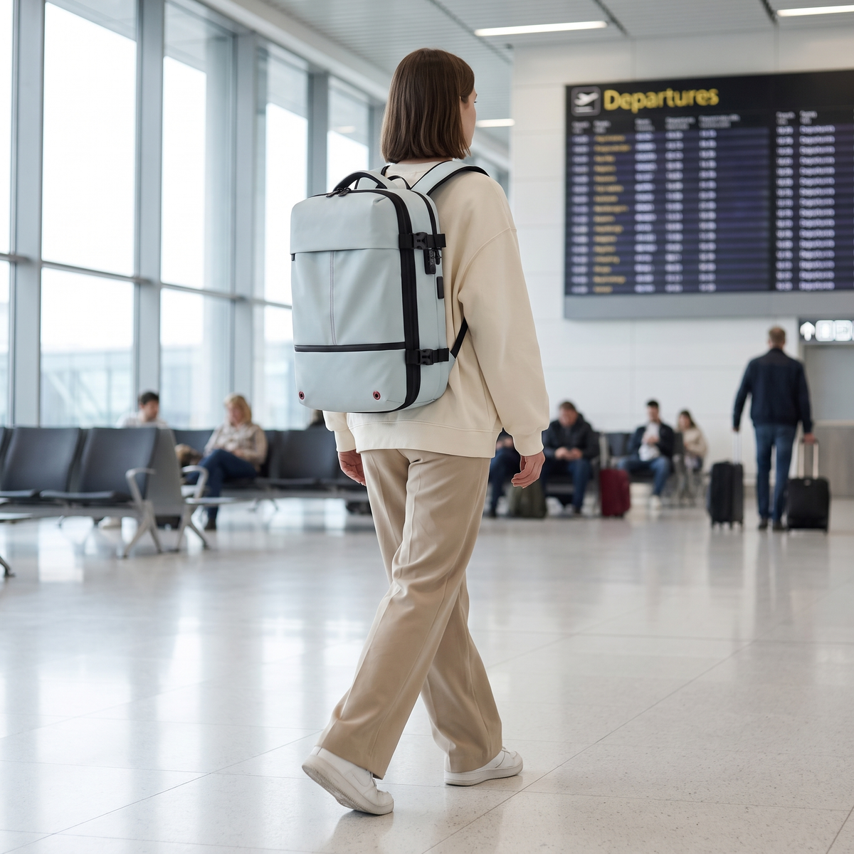 KABINBAG Original Underseat 30L in Light Blue worn through an airport departure hall, compressed flat
