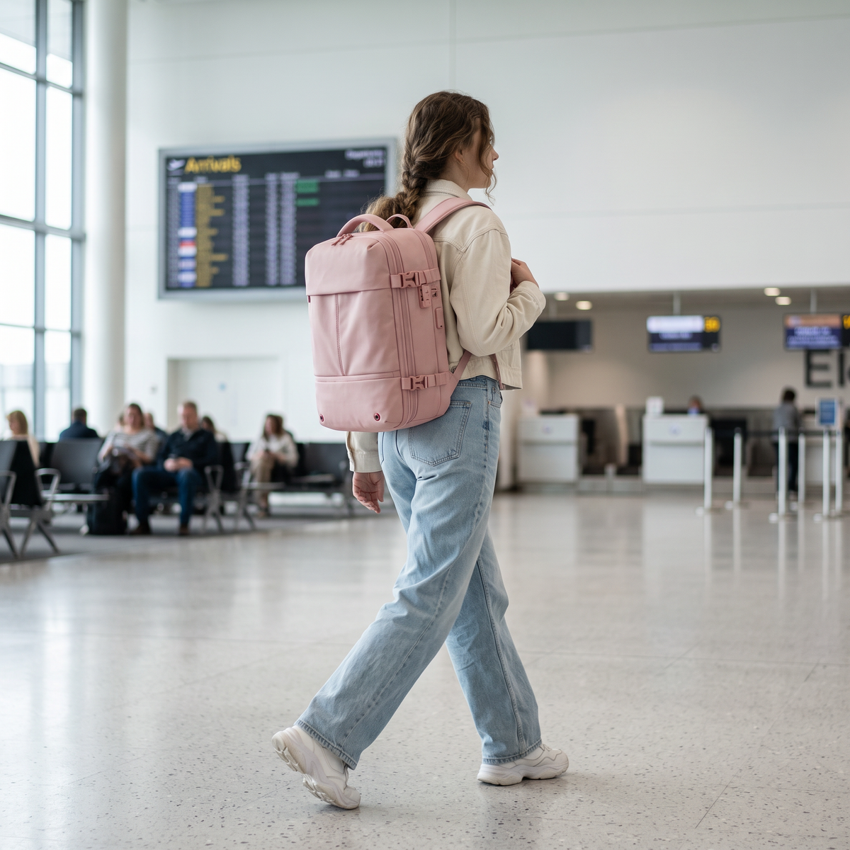 KABINBAG Original Underseat 30L in Pink worn through an airport departure hall, compressed flat