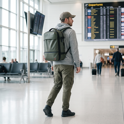 KABINBAG Original Underseat 30L in Army Green worn through an airport departure hall, compressed flat