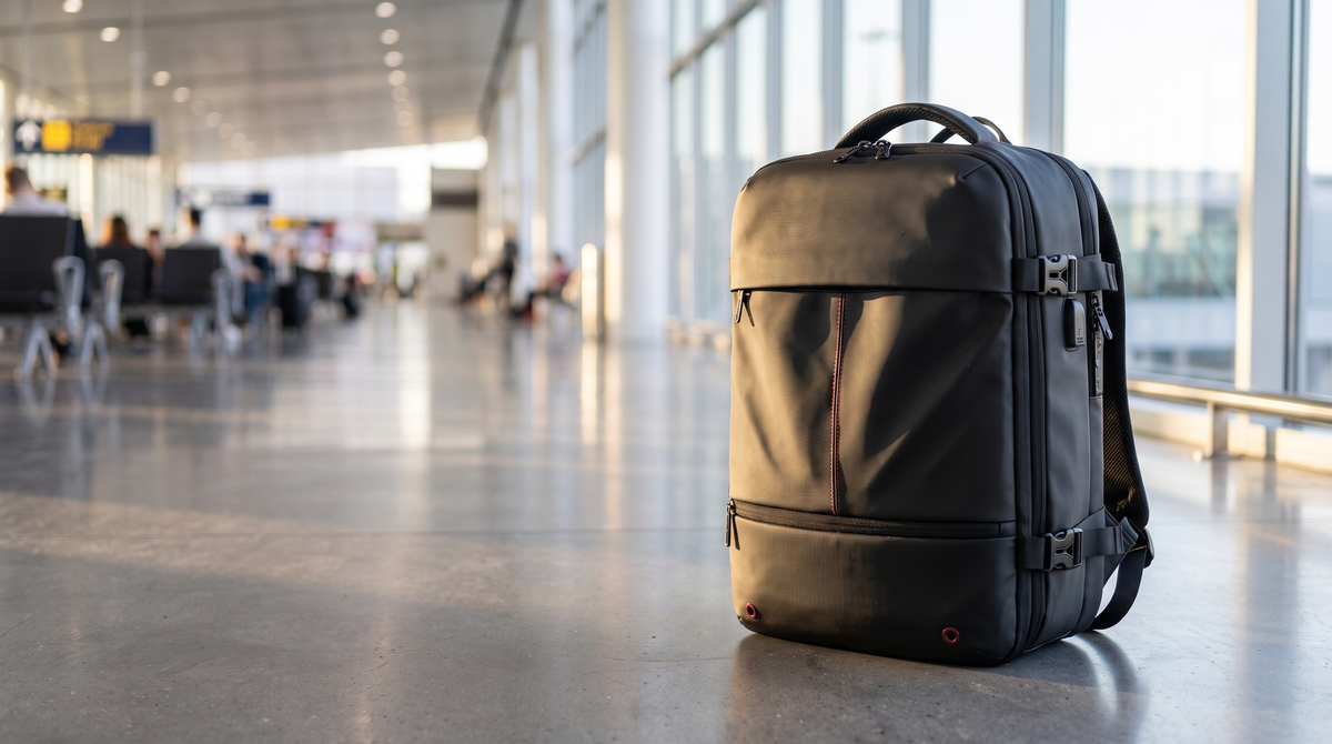 KABINBAG expandable travel backpack standing in an airport terminal
