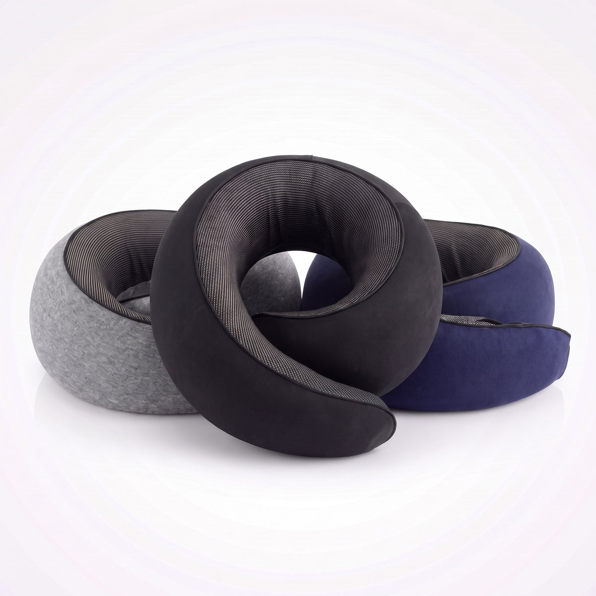 KABINBAG memory foam travel pillow shown in grey, black and navy